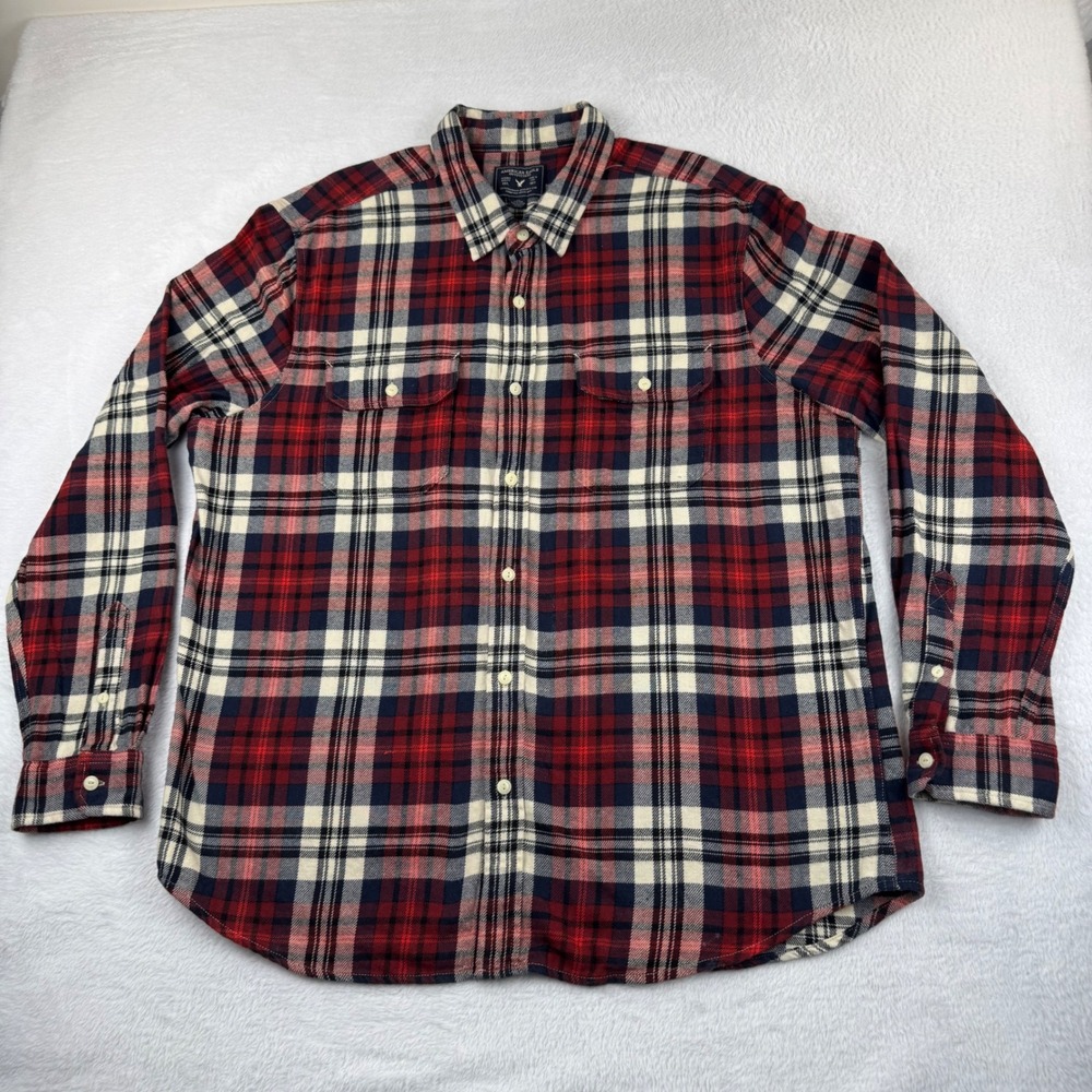 American Eagle Plaid Button Down Shirt Mens XXL Red‎ Navy Flannel Style Cotton